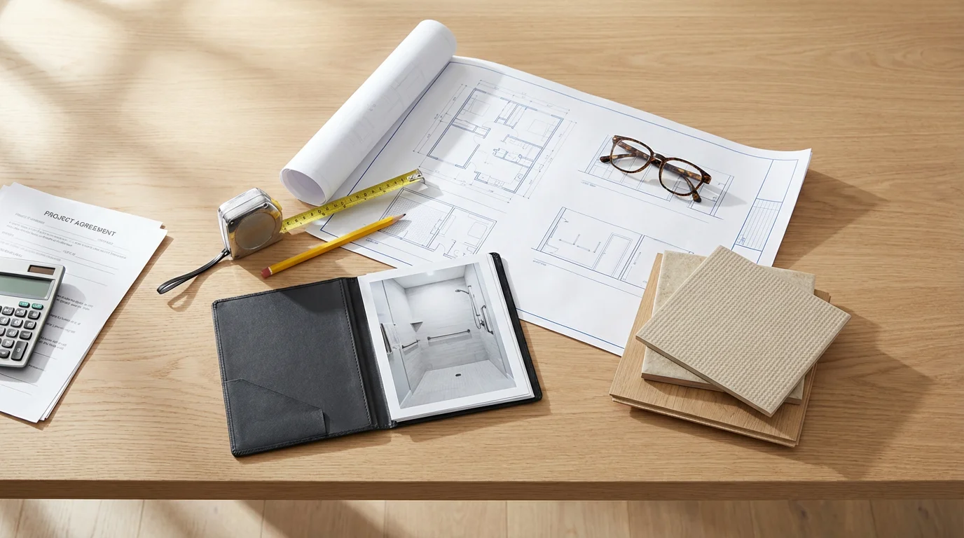 Flat lay of architectural blueprints, material samples, and tools for a home accessibility project.