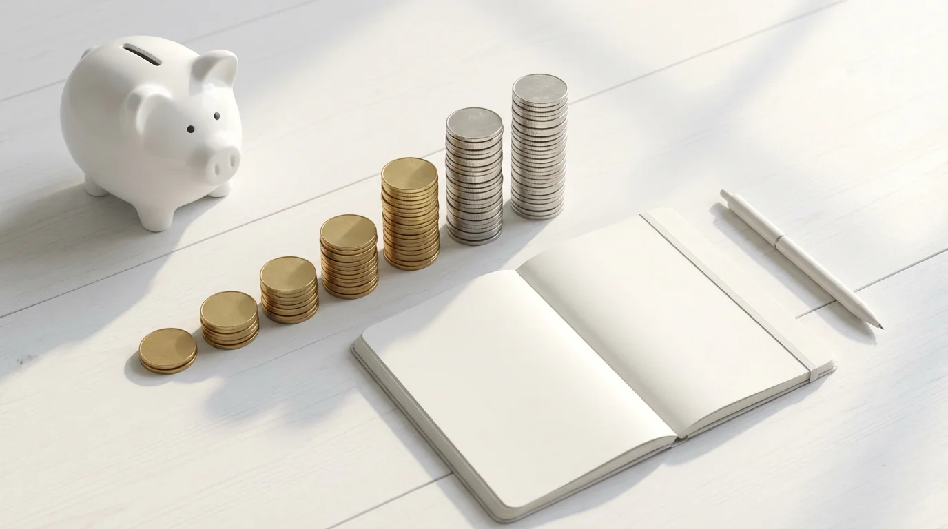 Flat lay of ascending coin stacks, a piggy bank, and a notebook for planning.