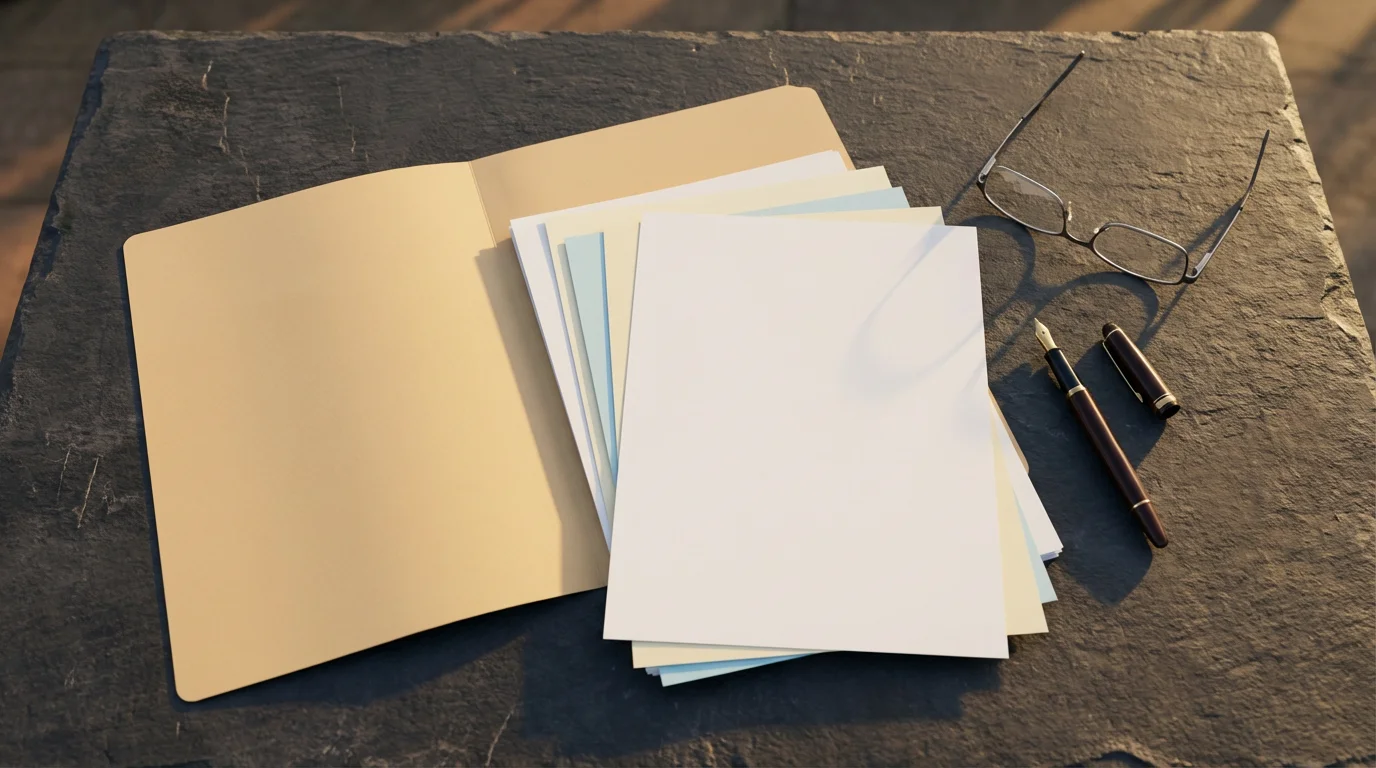 Flat lay of blank documents, a manila folder, glasses, and a pen for an appeal.