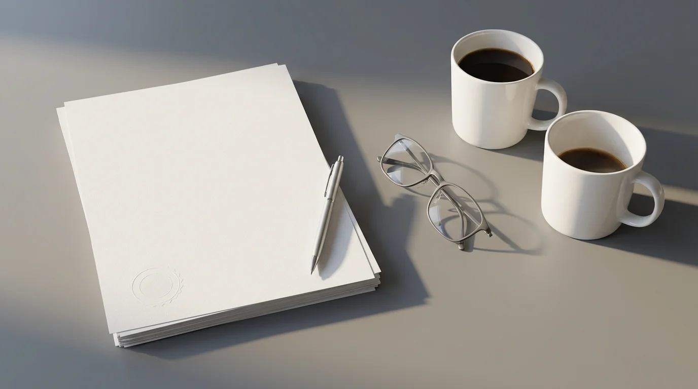Flat lay of blank documents, reading glasses, and two coffee mugs on a desk.