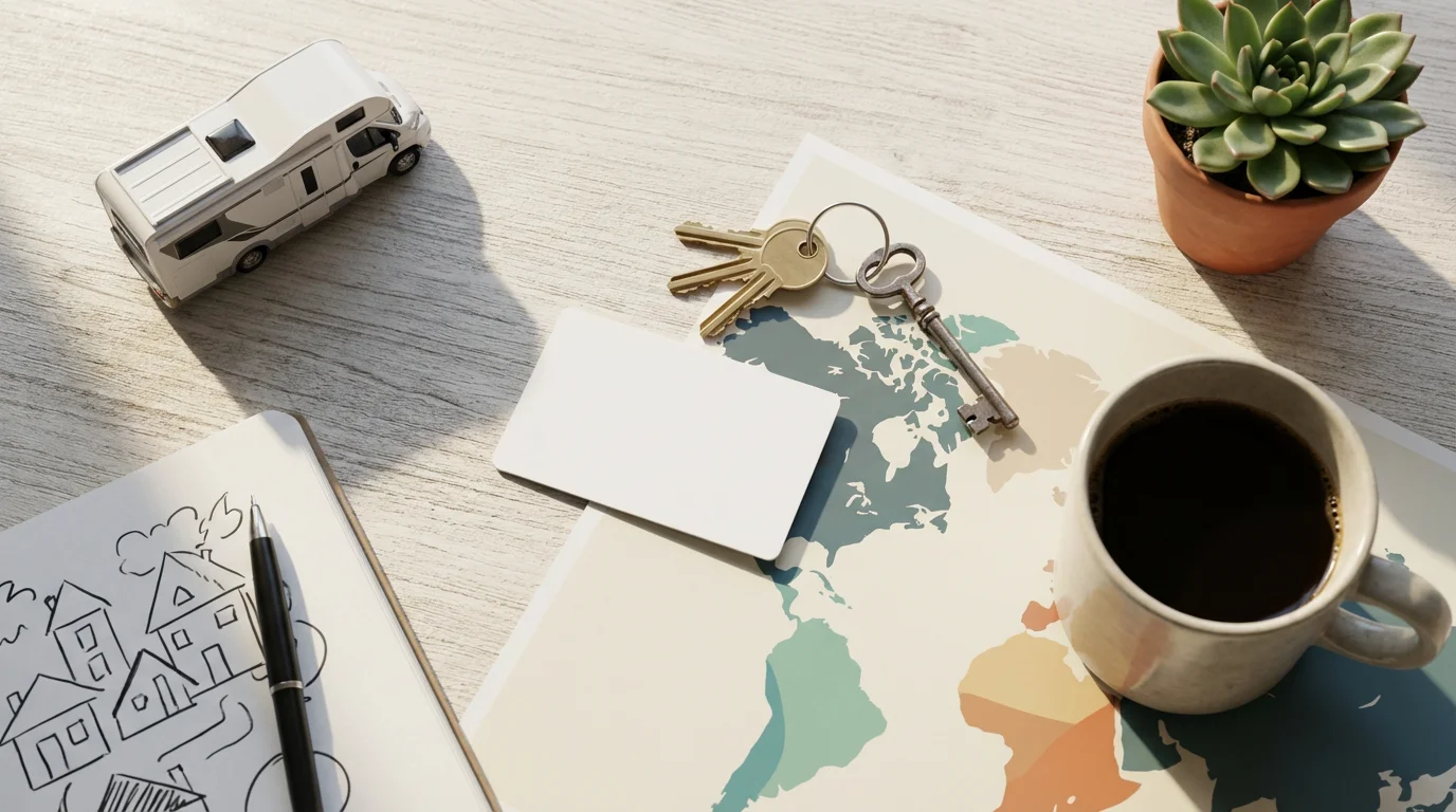 Flat lay of diverse travel accommodation options: key card, house keys, campervan model.