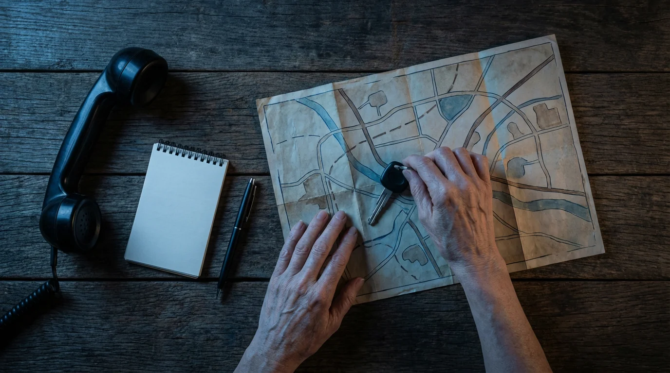 Flat lay of elderly hands arranging a map, car key, and phone.