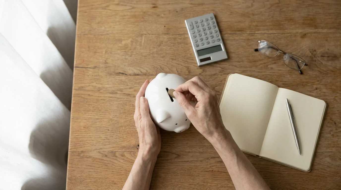 Flat lay of elderly hands putting a coin in a piggy bank for transportation savings.