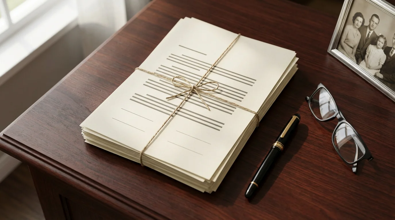 Flat lay of estate planning documents, a fountain pen, and glasses on a desk.