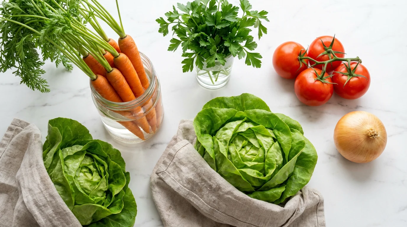 Flat lay of fresh vegetables on a counter being stored to reduce waste.