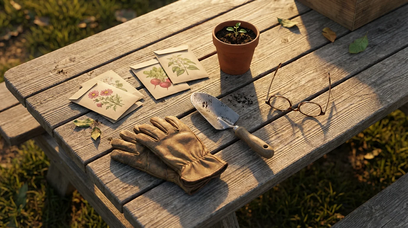 Flat lay of gardening tools, a seedling, and reading glasses symbolizing retirement volunteering.
