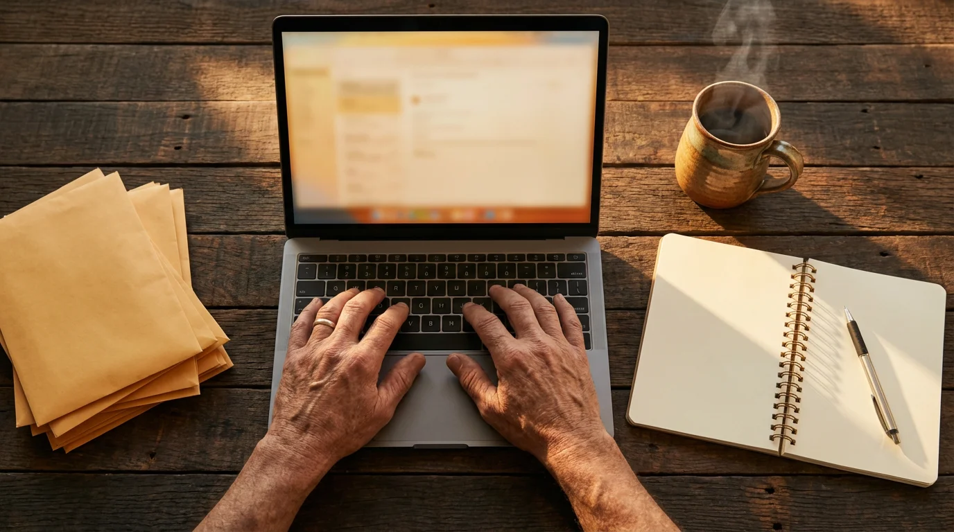 Flat lay of hands typing on a laptop during golden hour, organizing financial documents.