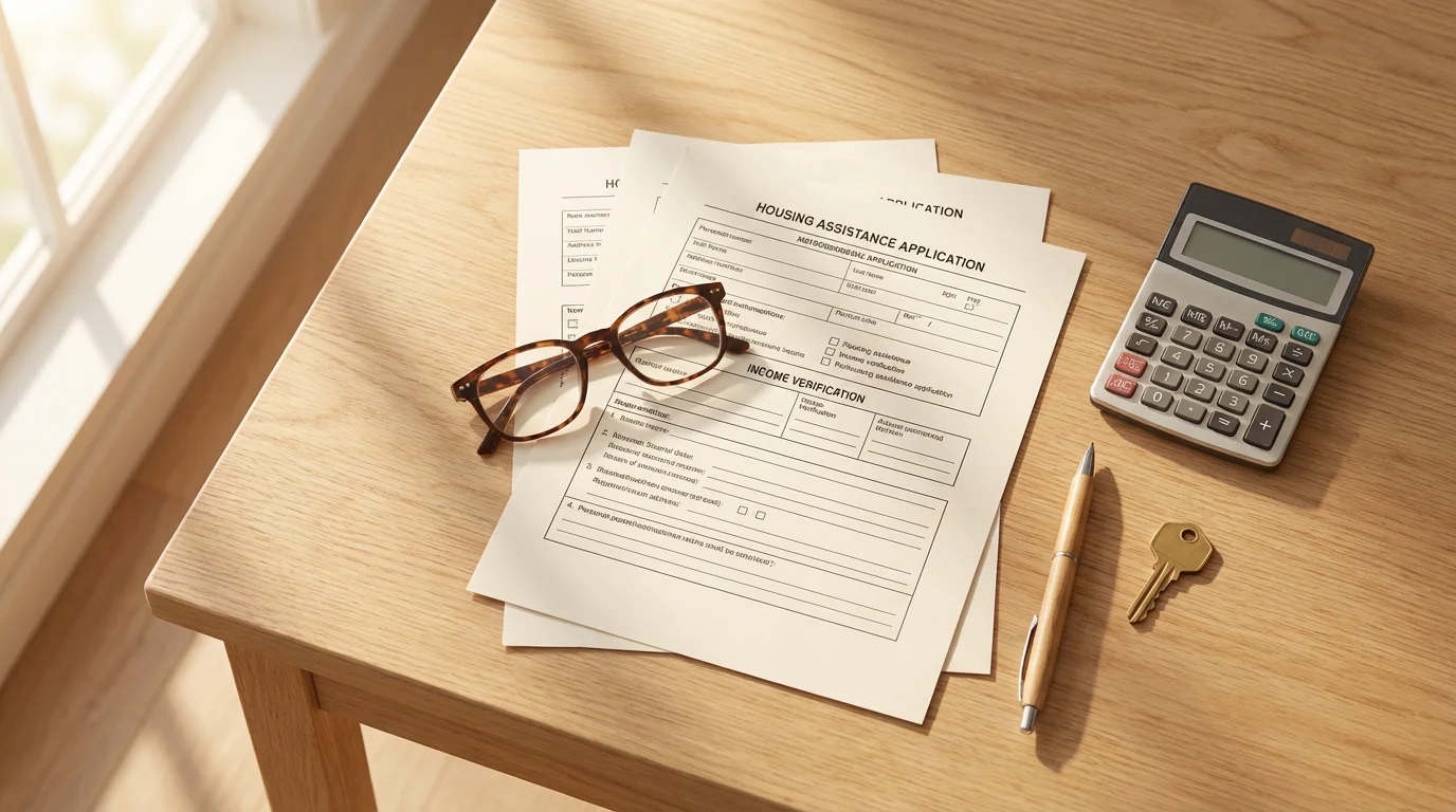 Flat lay of housing application forms, glasses, a calculator, and a house key.