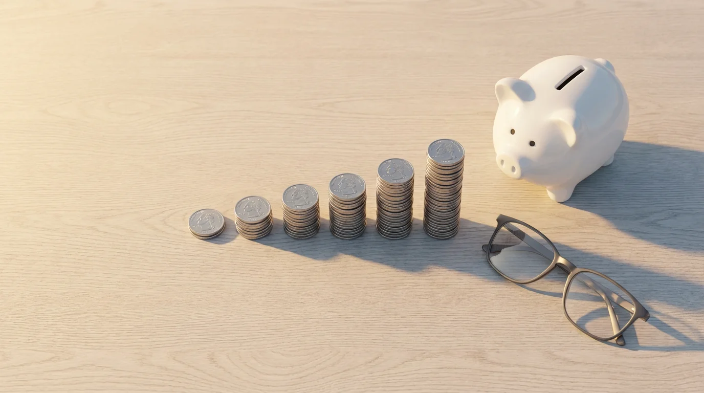 Flat lay of increasing coin stacks next to a piggy bank and glasses, representing financial growth.
