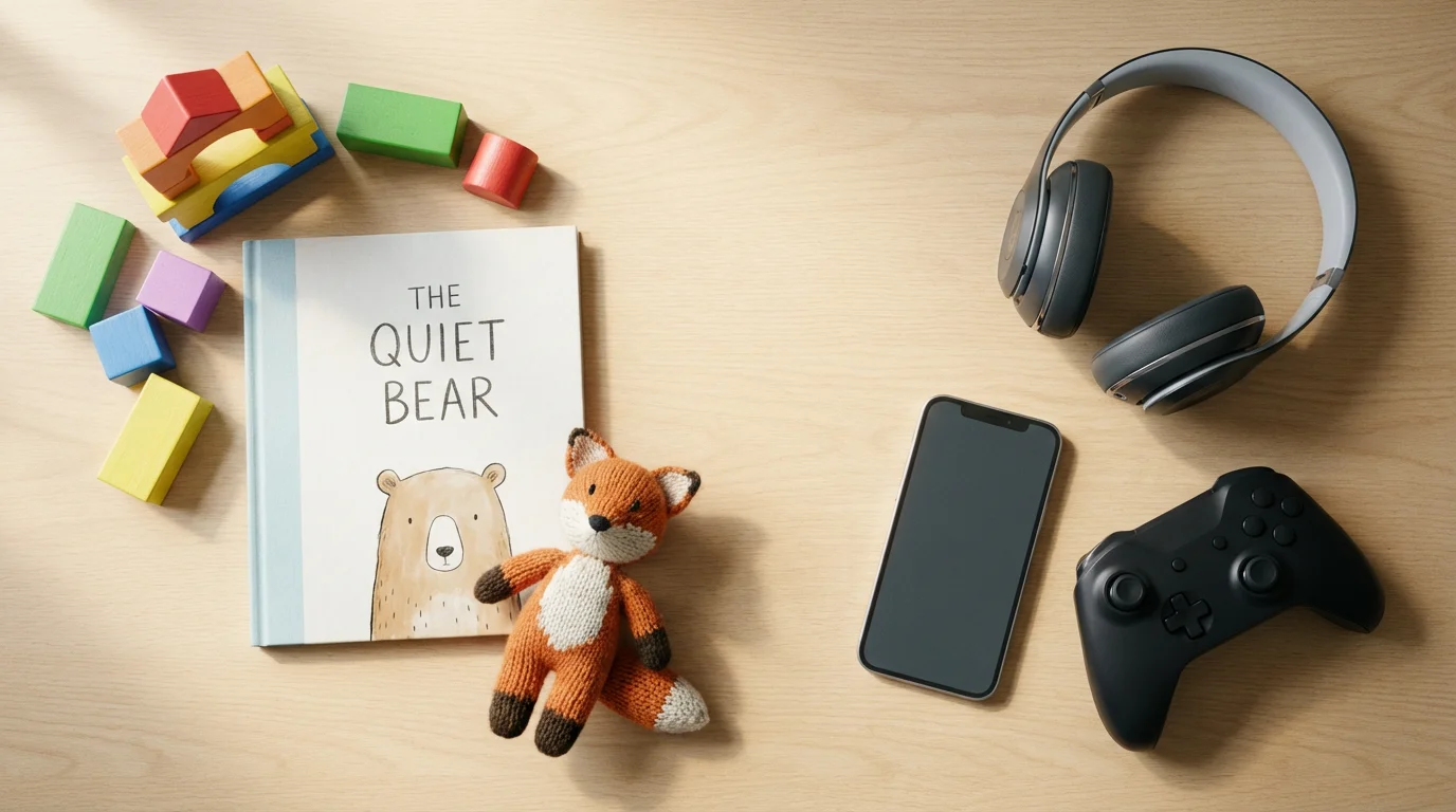 Flat lay of items for different age groups, from wooden blocks to headphones.