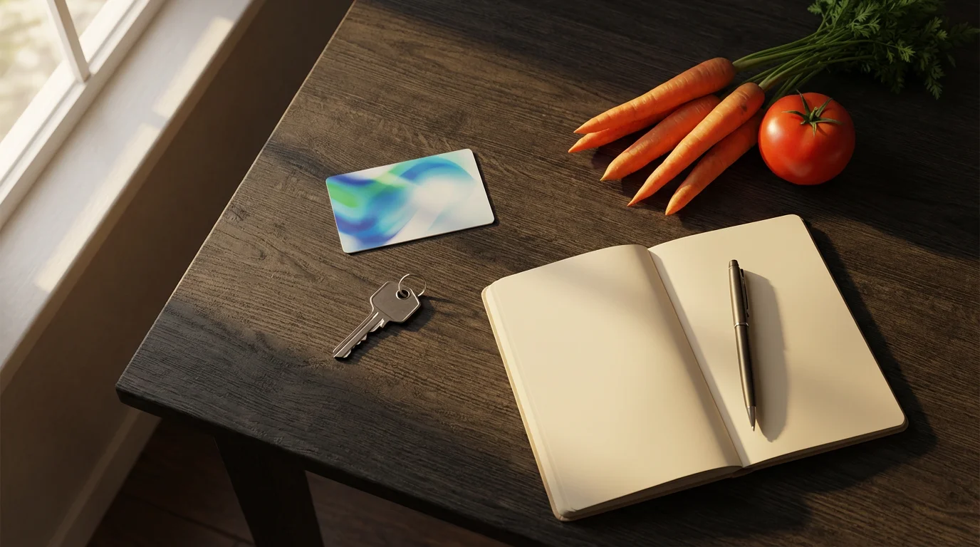 Flat lay of items representing retirement resources: a key, card, vegetables, and notebook.