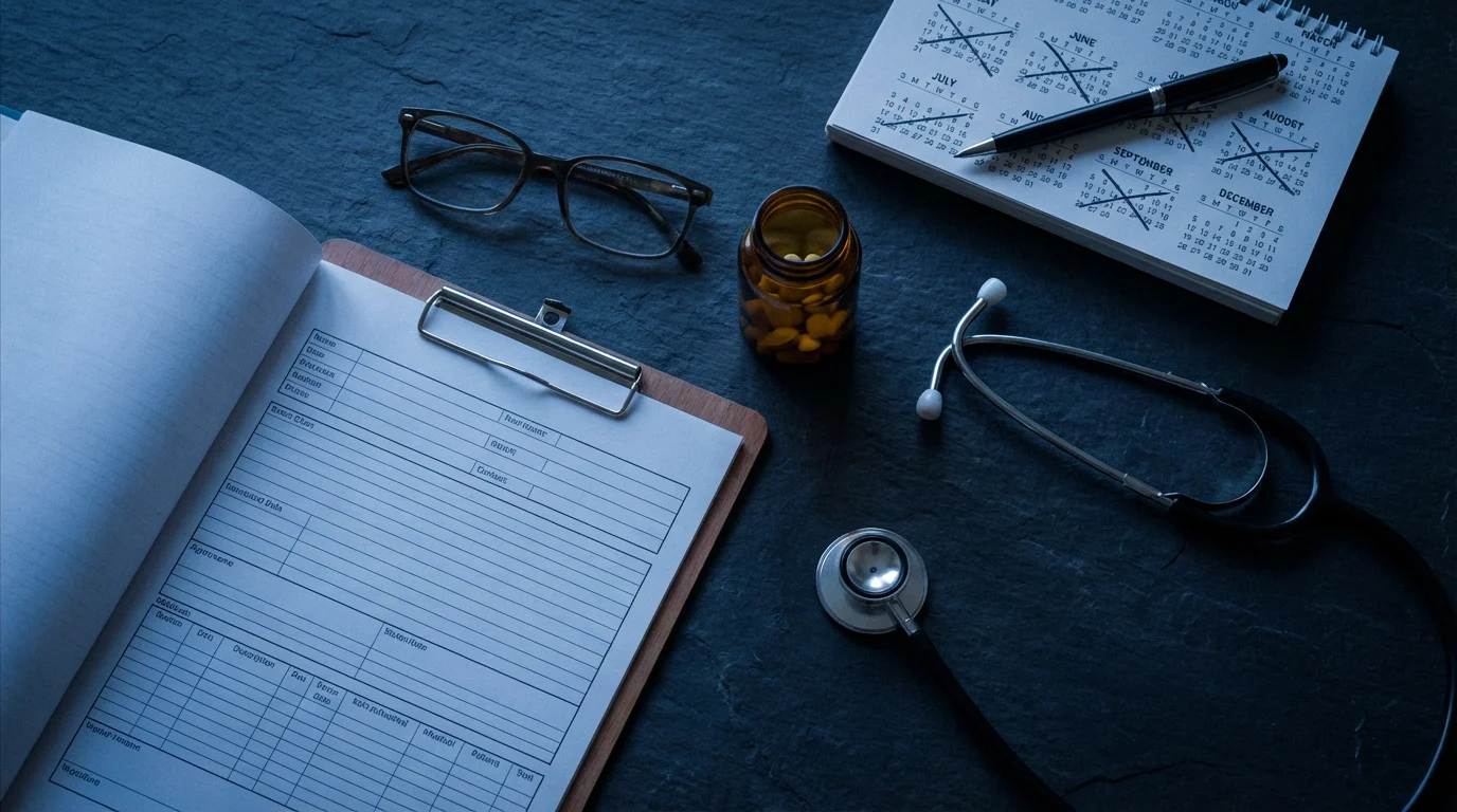 Flat lay of medical items like a stethoscope and calendar for disability application process.