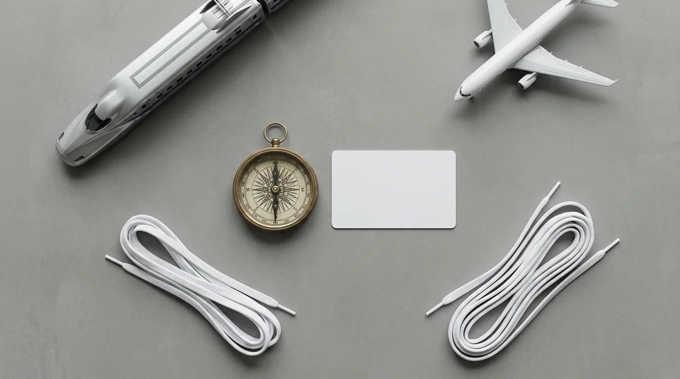 Flat lay of miniature transportation models like a train, plane, and compass for travel.
