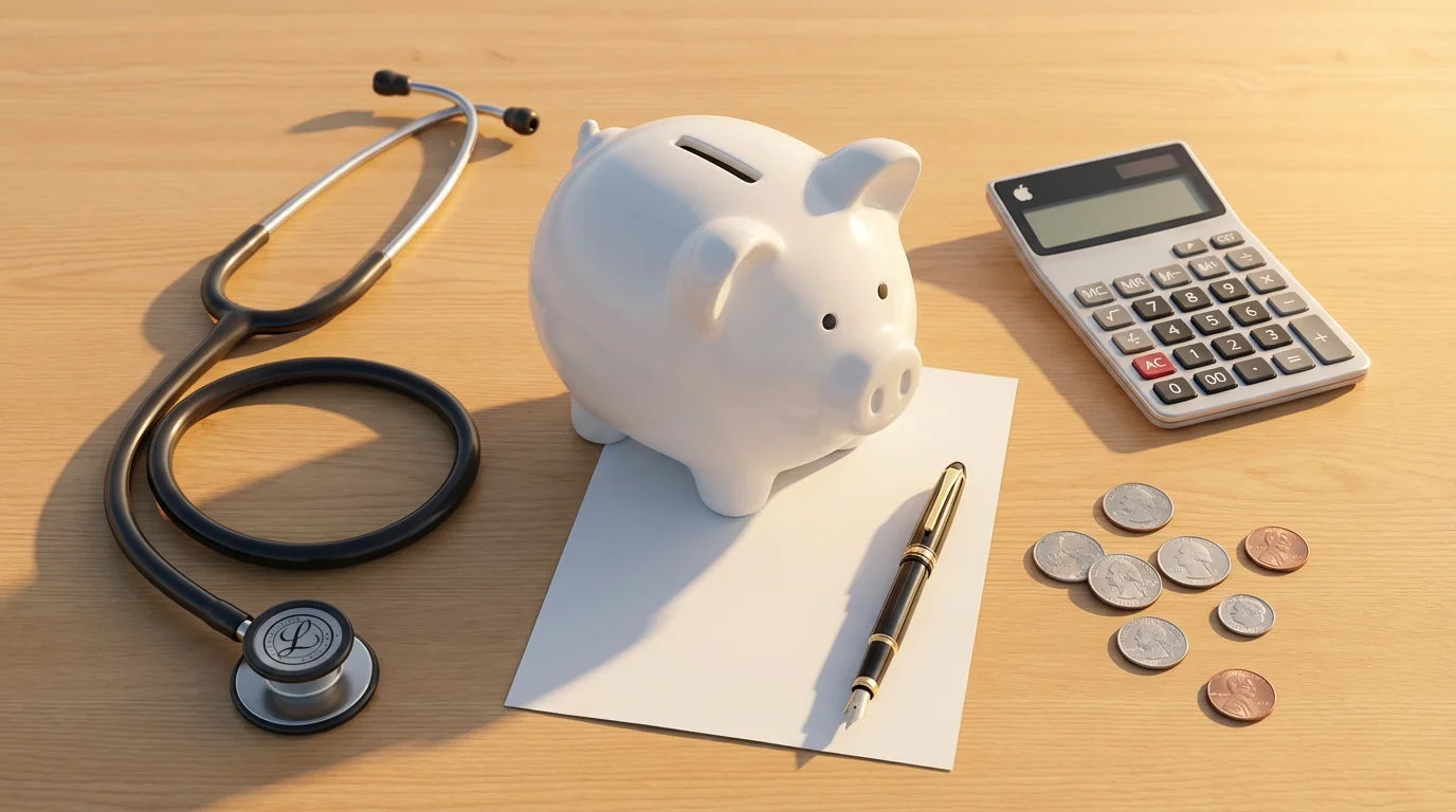 Flat lay of piggy bank, stethoscope, and calculator for planning home healthcare costs.