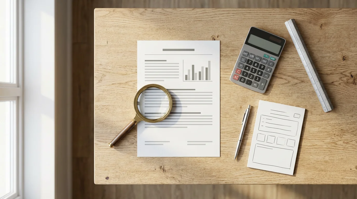 Flat lay of property assessment documents, a magnifying glass, and a calculator on a desk.