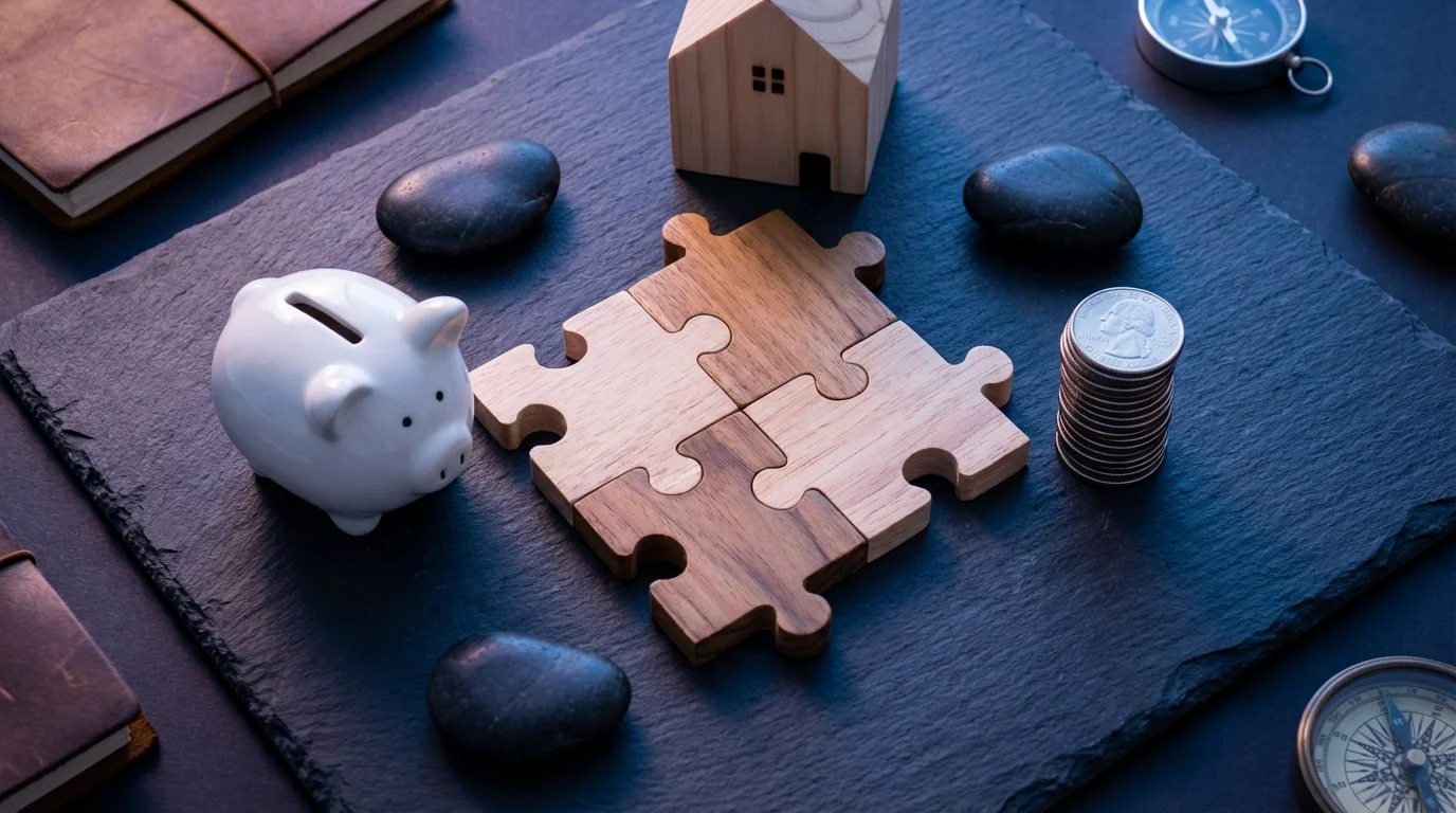 Flat lay of puzzle pieces connecting a piggy bank, coins, and a house model.