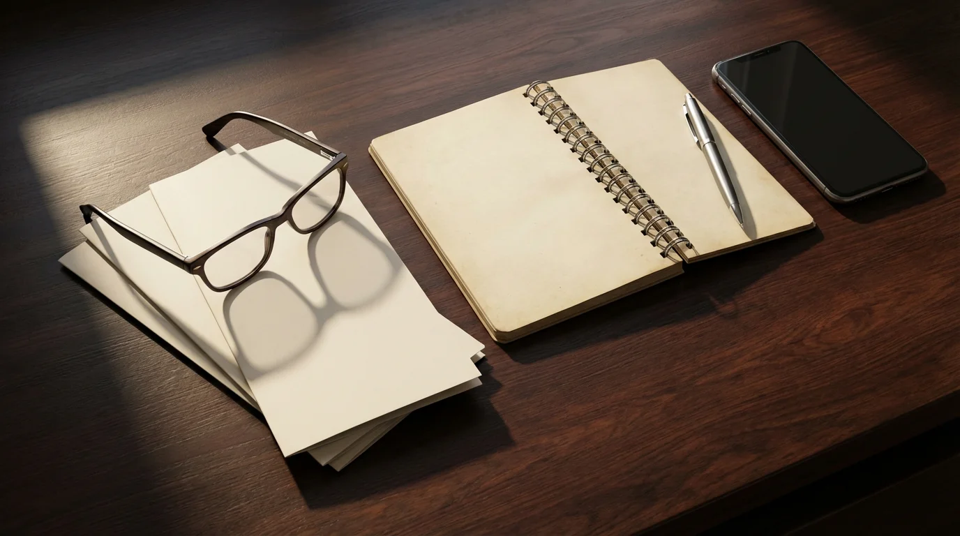 Flat lay of reading glasses, notebook, and brochures on a desk representing Medicare research.