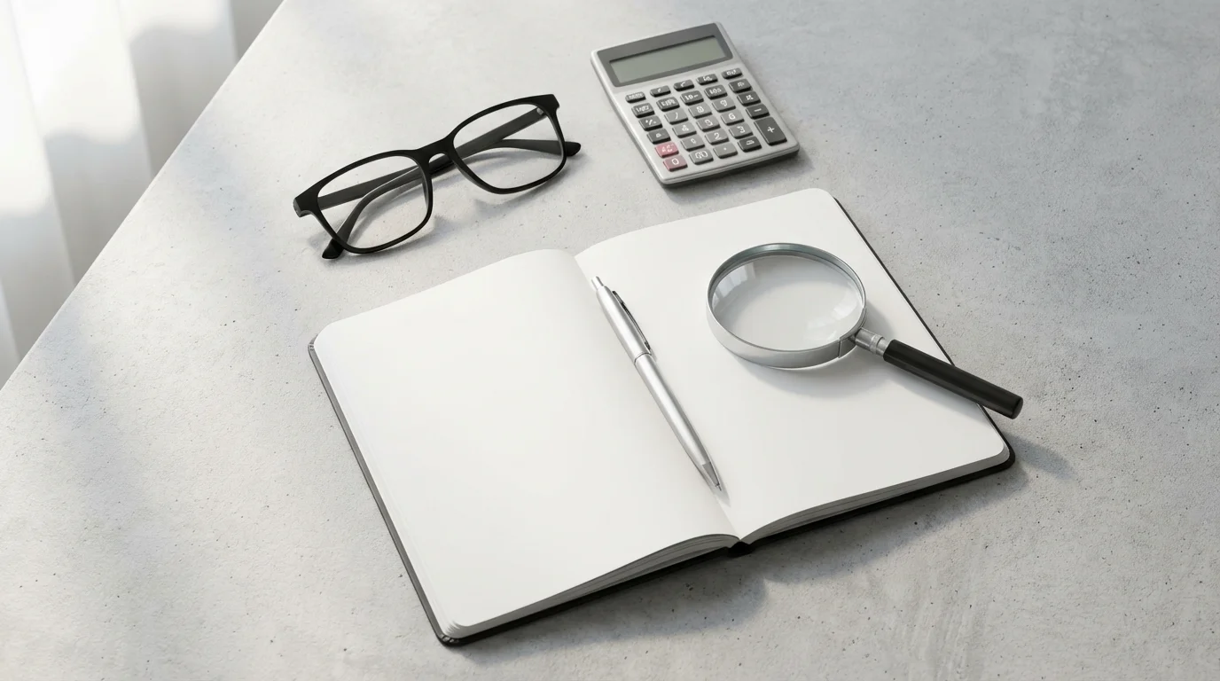 Flat lay of research tools like eyeglasses, a calculator, and a magnifying glass.