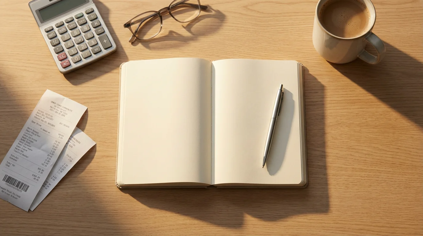 Flat lay of retirement budgeting items like a calculator and notebook during golden hour.