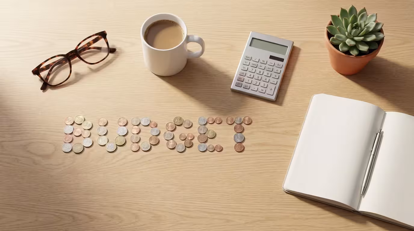 Flat lay of retirement planning items including glasses, calculator, notebook, and coffee mug.