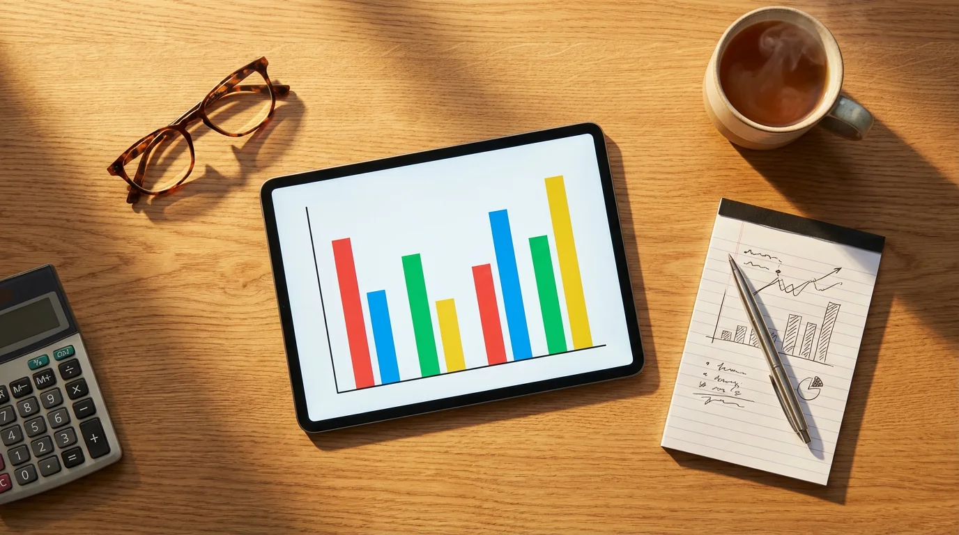 Flat lay of retirement planning tools including a tablet, calculator, and notepad at sunset.