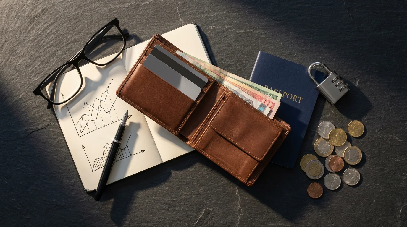 Flat lay of travel wallet, passport, currency, and credit cards for financial security.