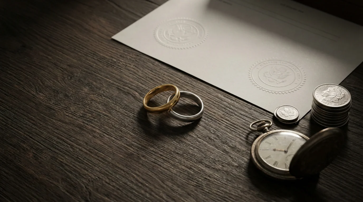 Flat lay of wedding rings, coins, and a document representing retirement spousal benefits.