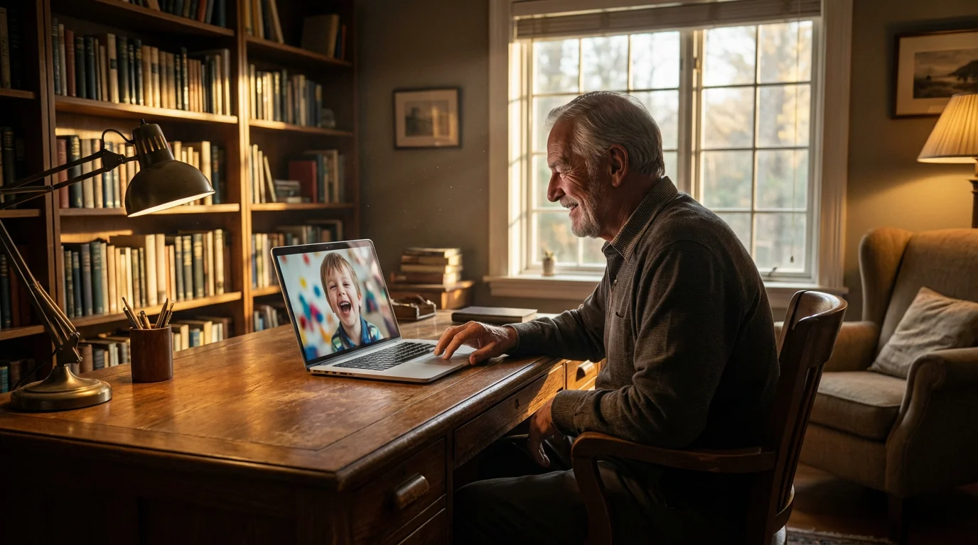 Grandfather in his study playing an online game with his grandson on a laptop.