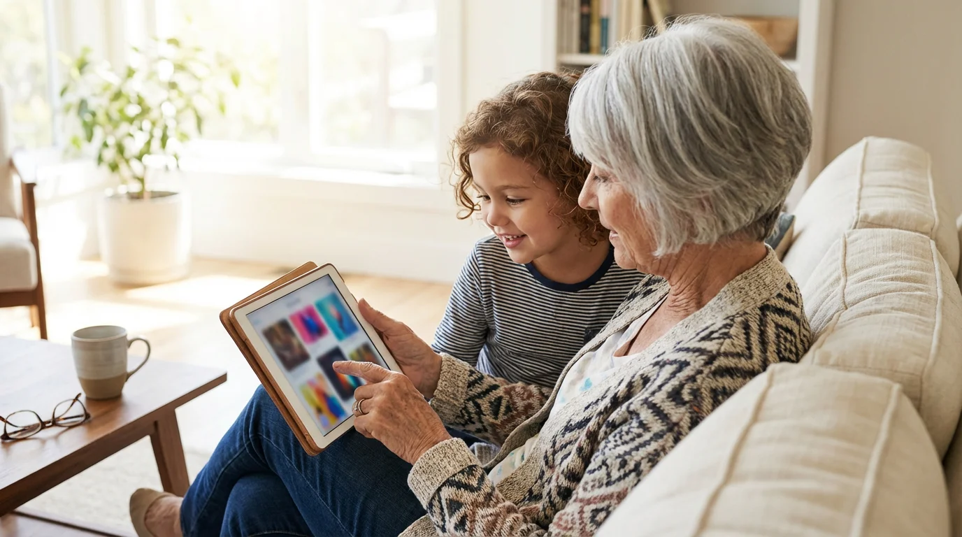 Grandmother and grandchild looking at a digital photo album together on a tablet.