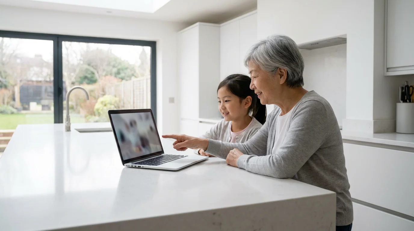 Grandmother and granddaughter learn about online safety together on a laptop in a kitchen.