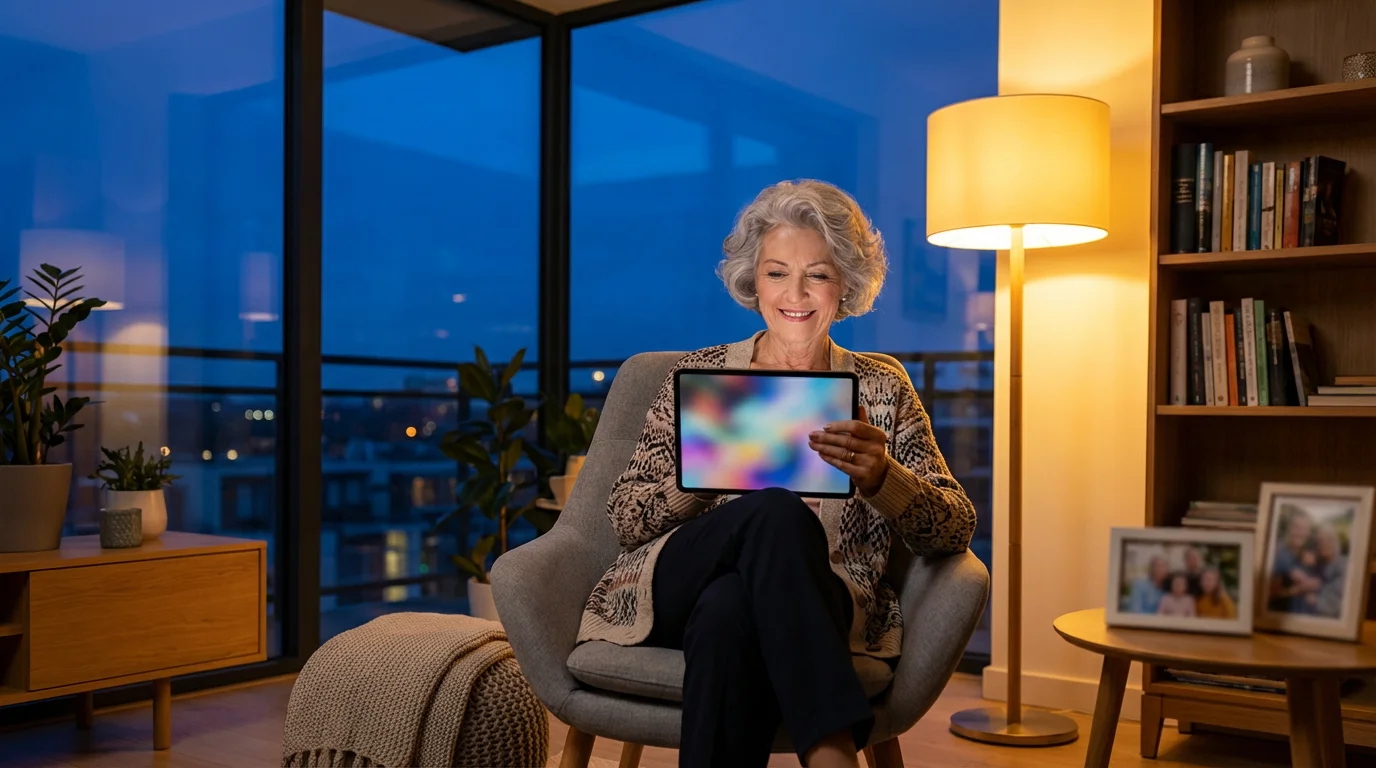 Grandmother smiling during a video call on her tablet in a cozy living room at dusk.