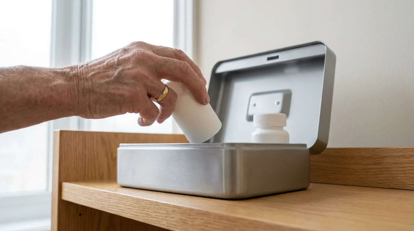 Hand placing a prescription bottle into a secure medication lockbox on a shelf.
