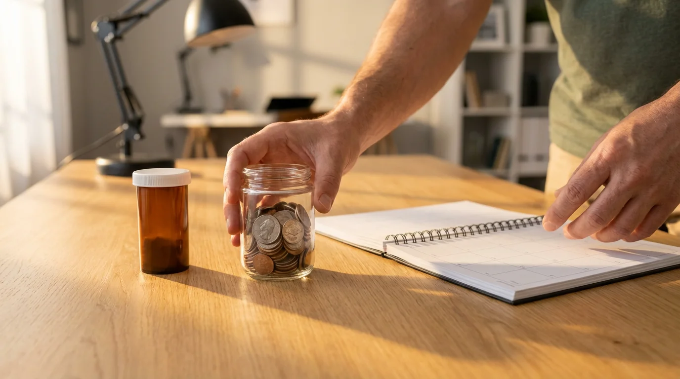 Hands arranging a pill bottle, a jar of coins, and a planner on a desk.