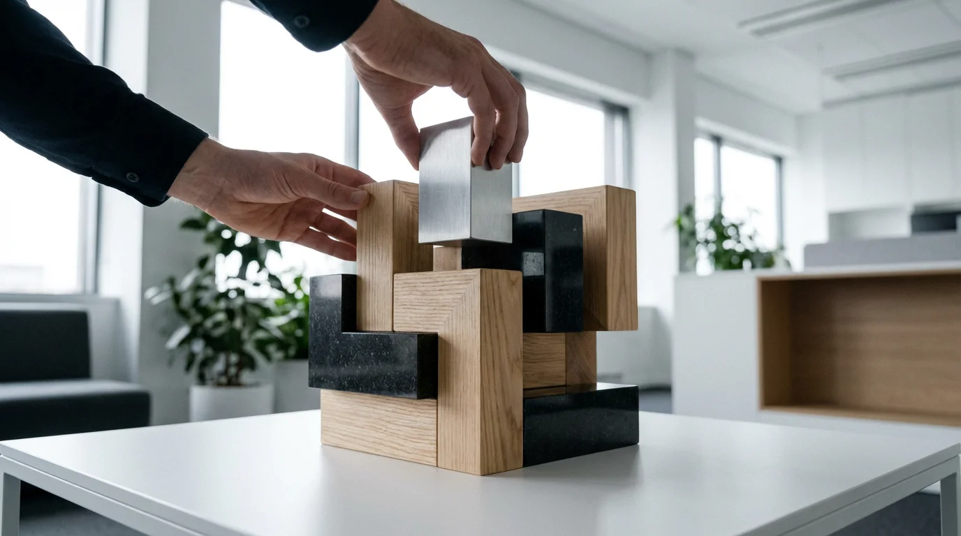 Hands assembling a modular structure of wood, stone, and metal geometric blocks.