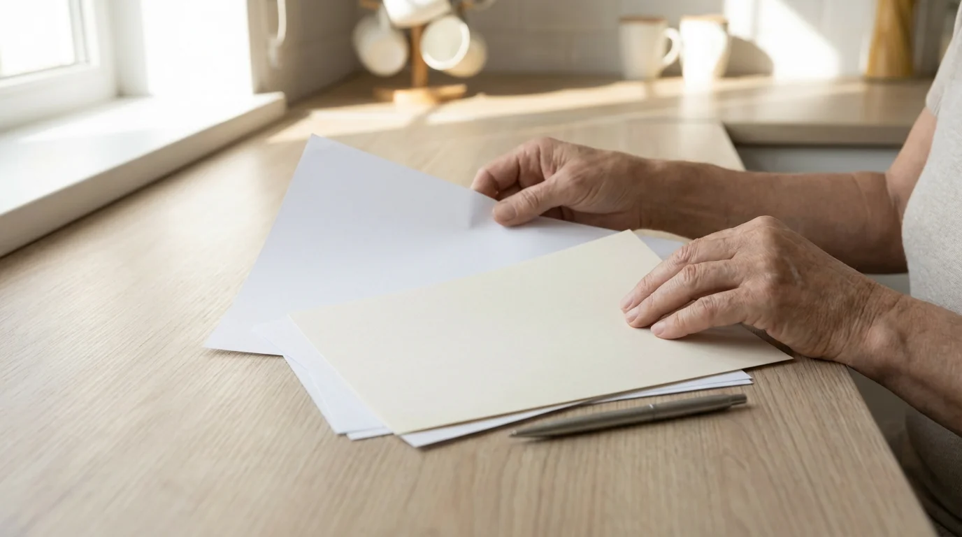 Hands of a mature couple sorting through different types of blank government forms.