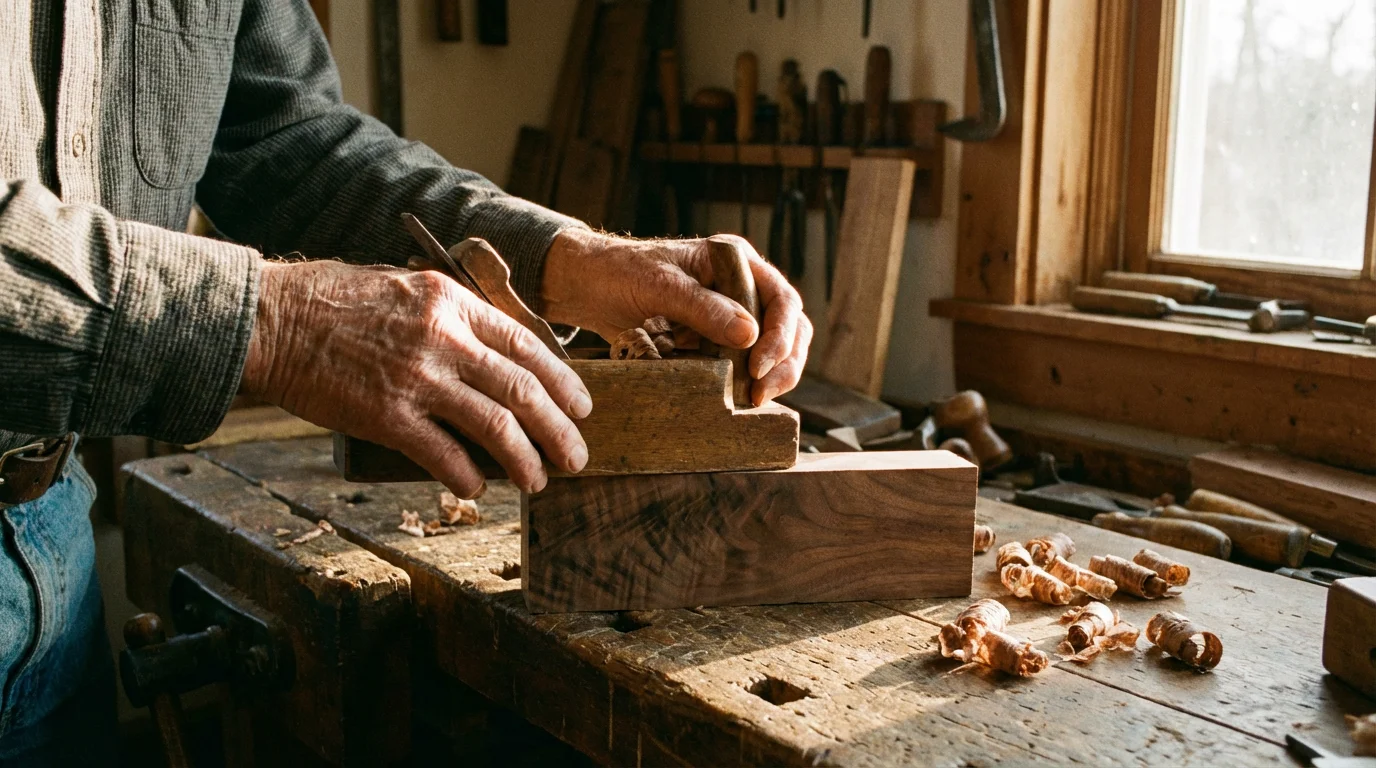 Hands of a senior carefully shave a block of wood with a hand plane.