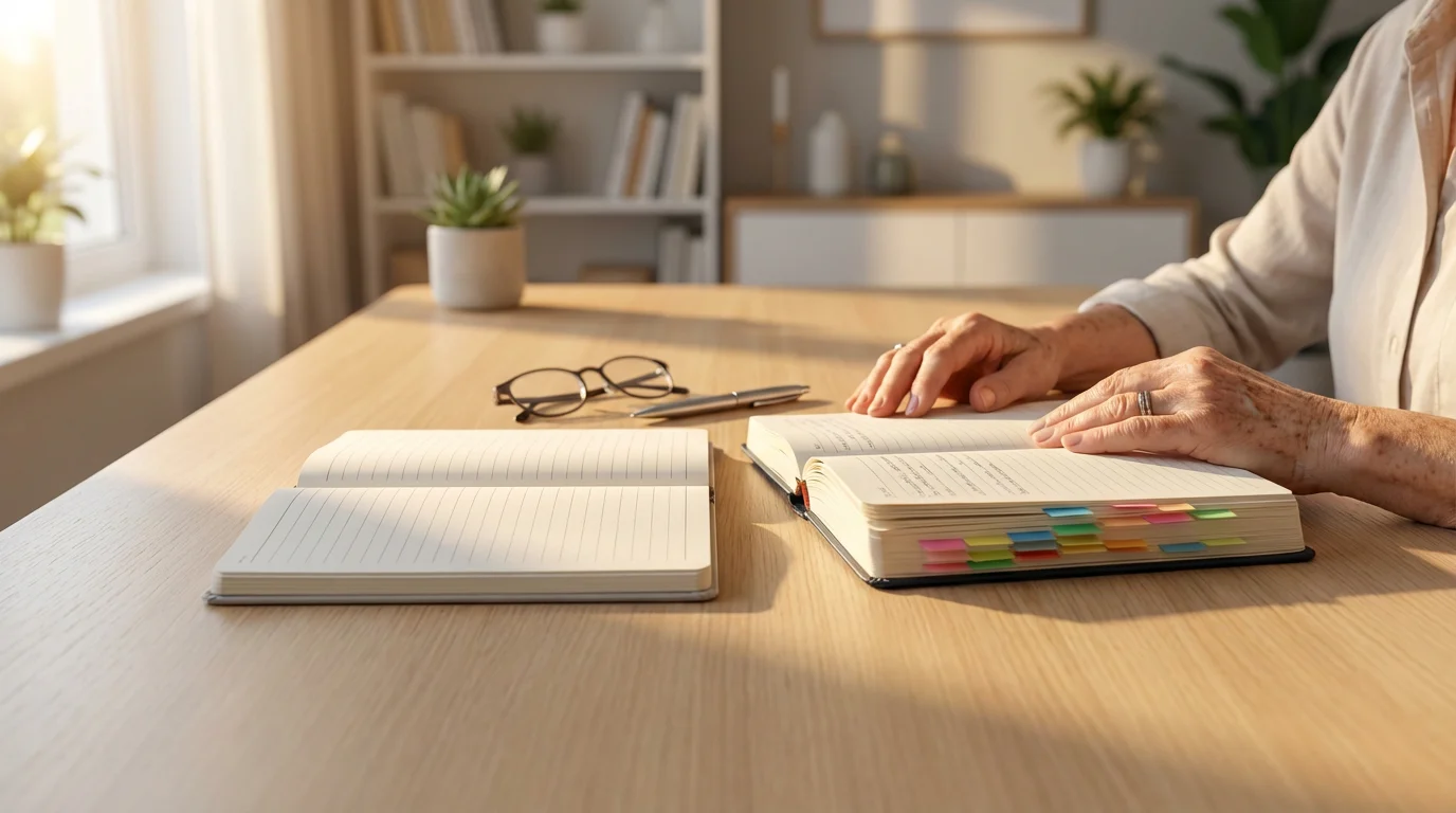 Hands resting near two different open notebooks and reading glasses on a wooden desk.