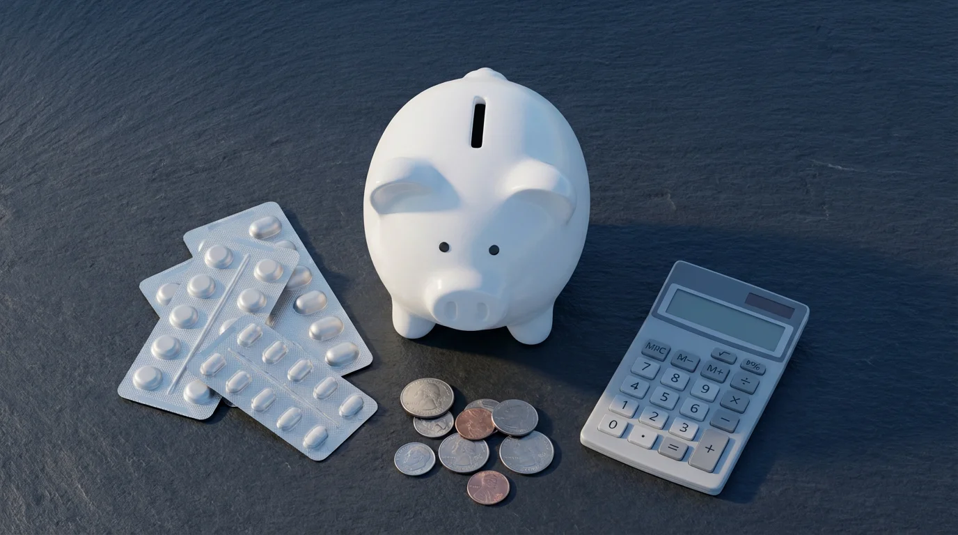 High-angle flat lay of a piggy bank, pills, and a calculator representing prescription savings.