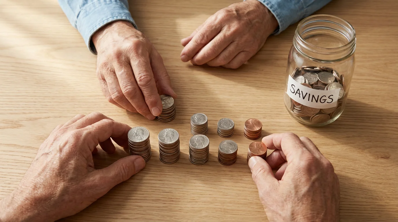 High angle flat lay of a senior's hands stacking coins next to a glass savings jar.
