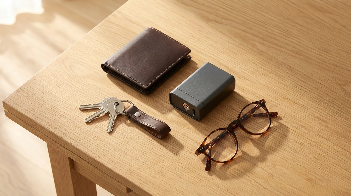 High angle flat lay of a wallet, keys, and lockbox representing identity protection.