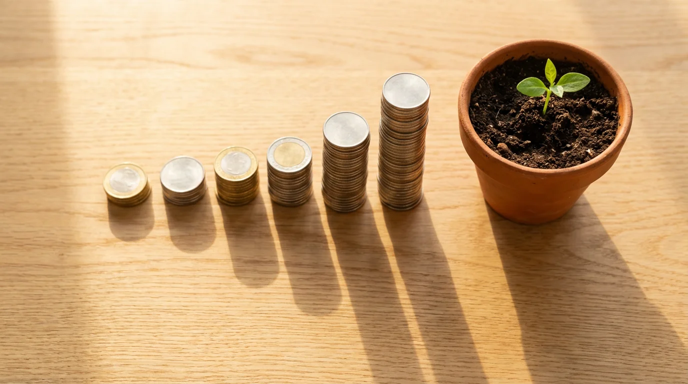 High angle flat lay of coin stacks and a small potted sapling on wood.