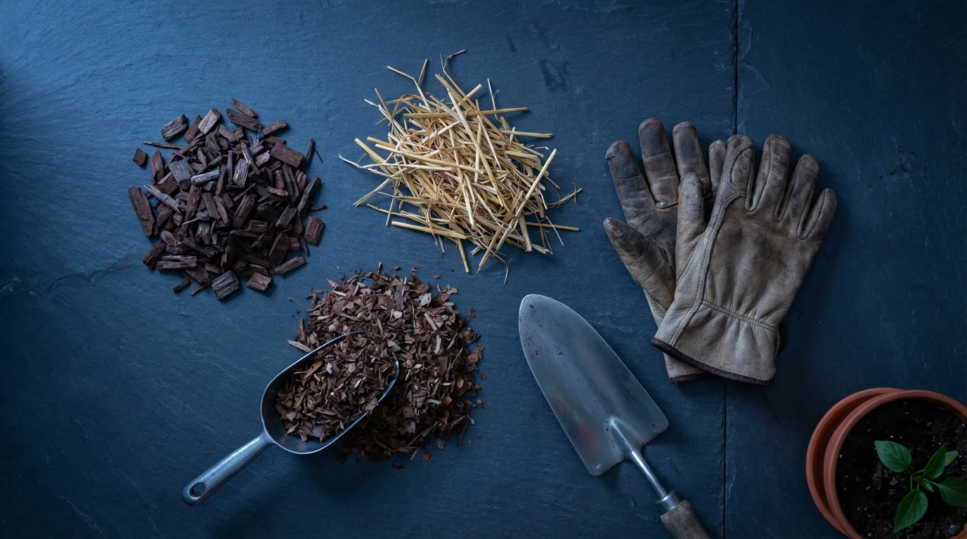 High-angle flat lay of gardening tools, various organic mulches, and a seedling at dusk.