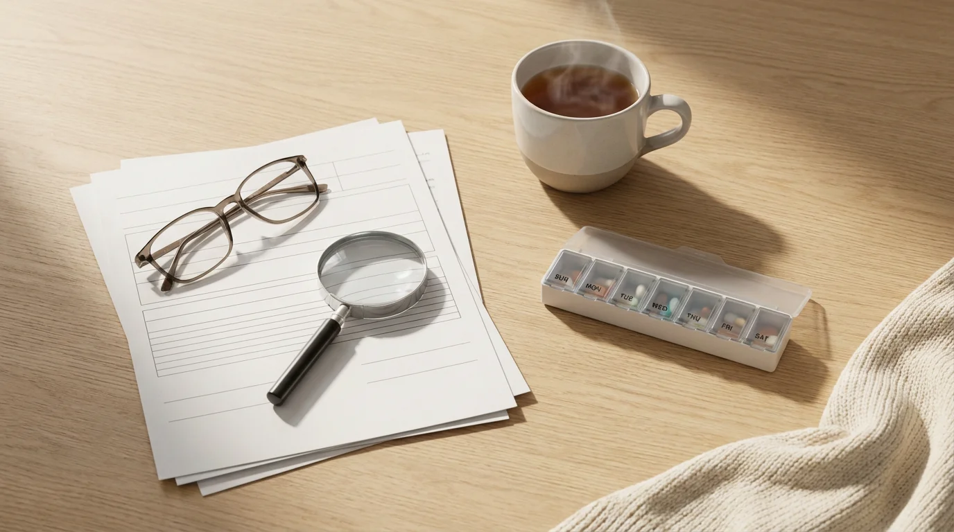 High-angle flat lay of items for long-term care planning: documents, glasses, and teacup.