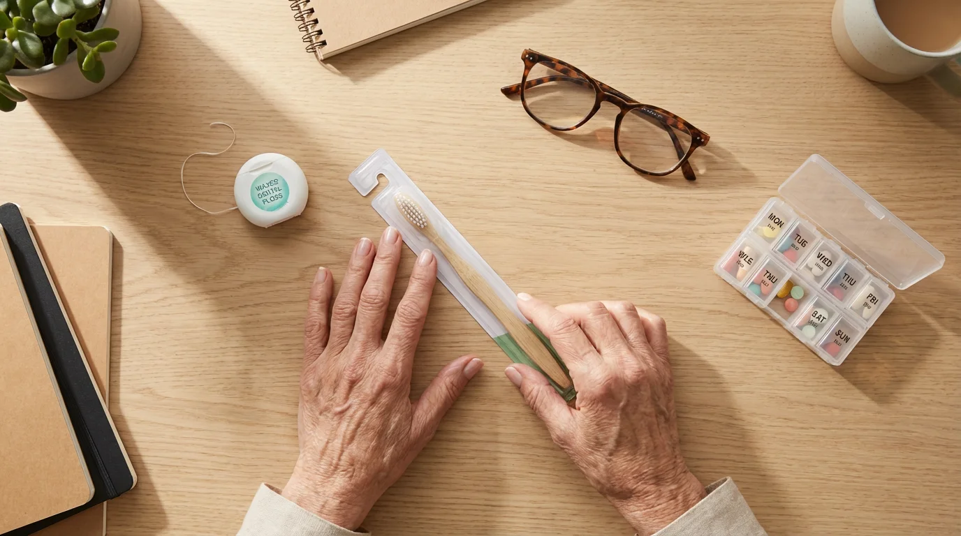 High angle flat lay of senior's hands organizing dental care items and glasses.