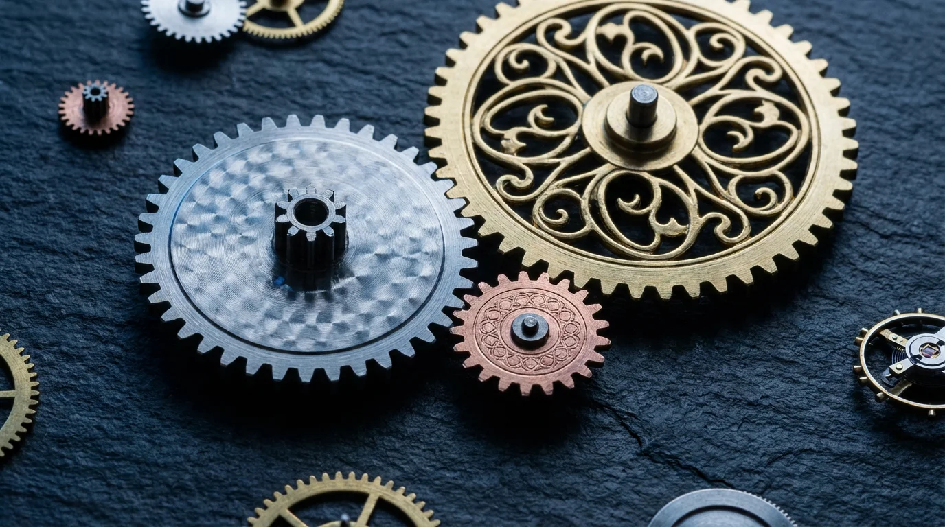 High angle flat lay of various interlocking metal gears on a dark slate surface.