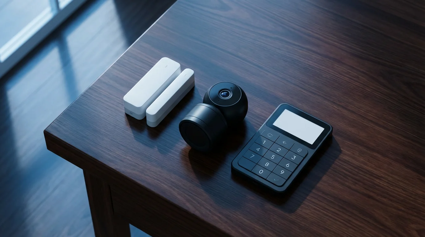 High angle flat lay of various modern home security components on a dark table.