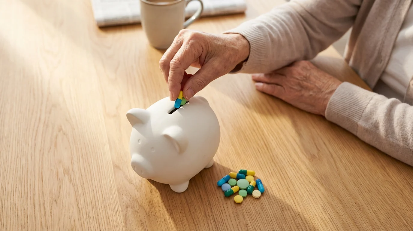 High angle photo of a hand dropping pills into a white piggy bank, representing savings.