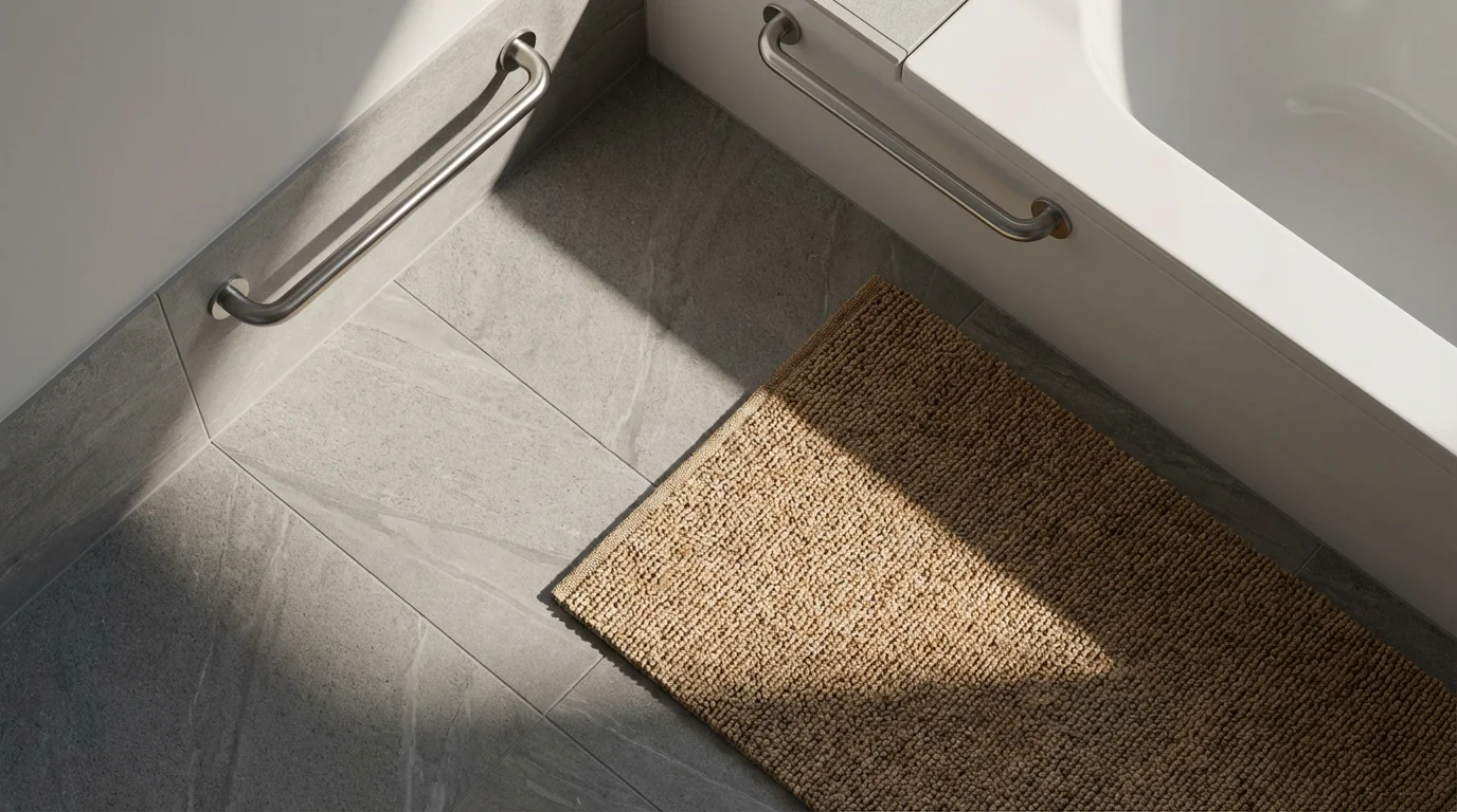 High angle view of a non-slip bath mat and grab bar in a bathroom.