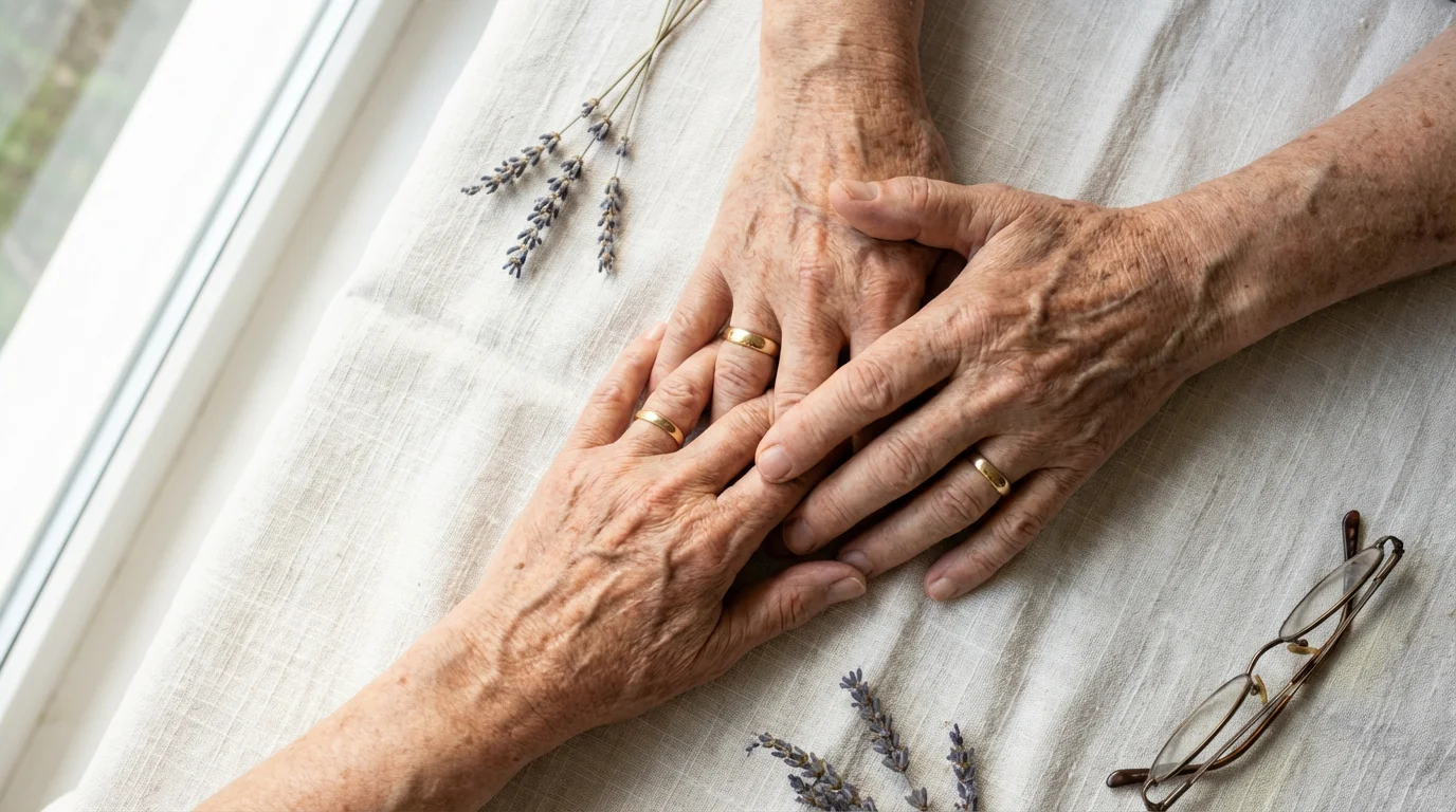 High angle view of an elderly couple's intertwined hands with wedding bands on a table.