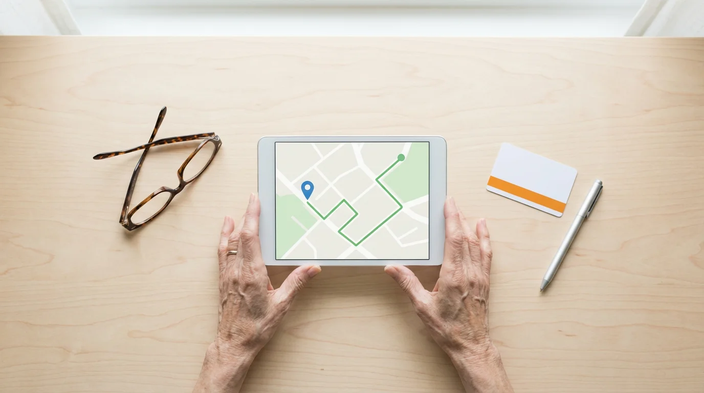 High-angle view of elderly hands planning transportation on a tablet with a map.